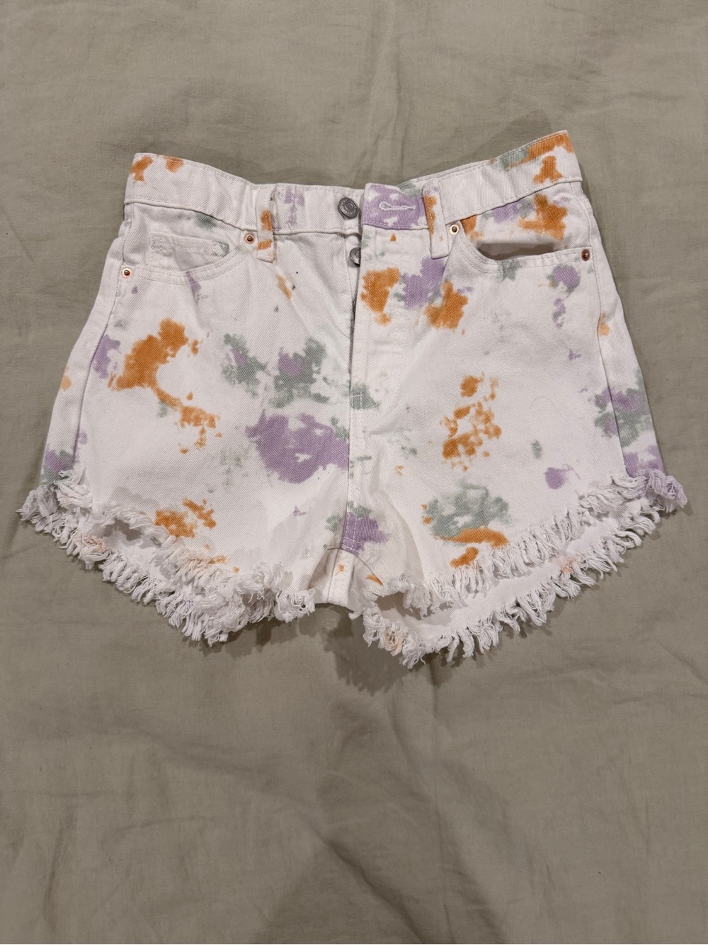 wild fable White Tie-Dye Frayed Denim Shorts with Orange, Purple, Sage Accents